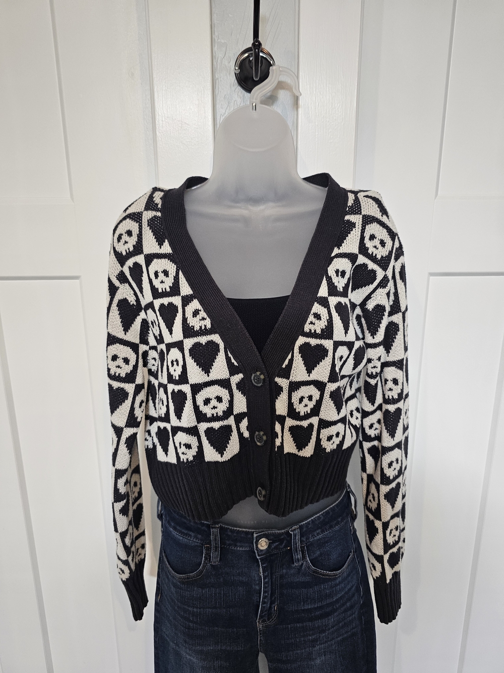 American Eagle Outfitters Black and White Skull Heart Cardigan